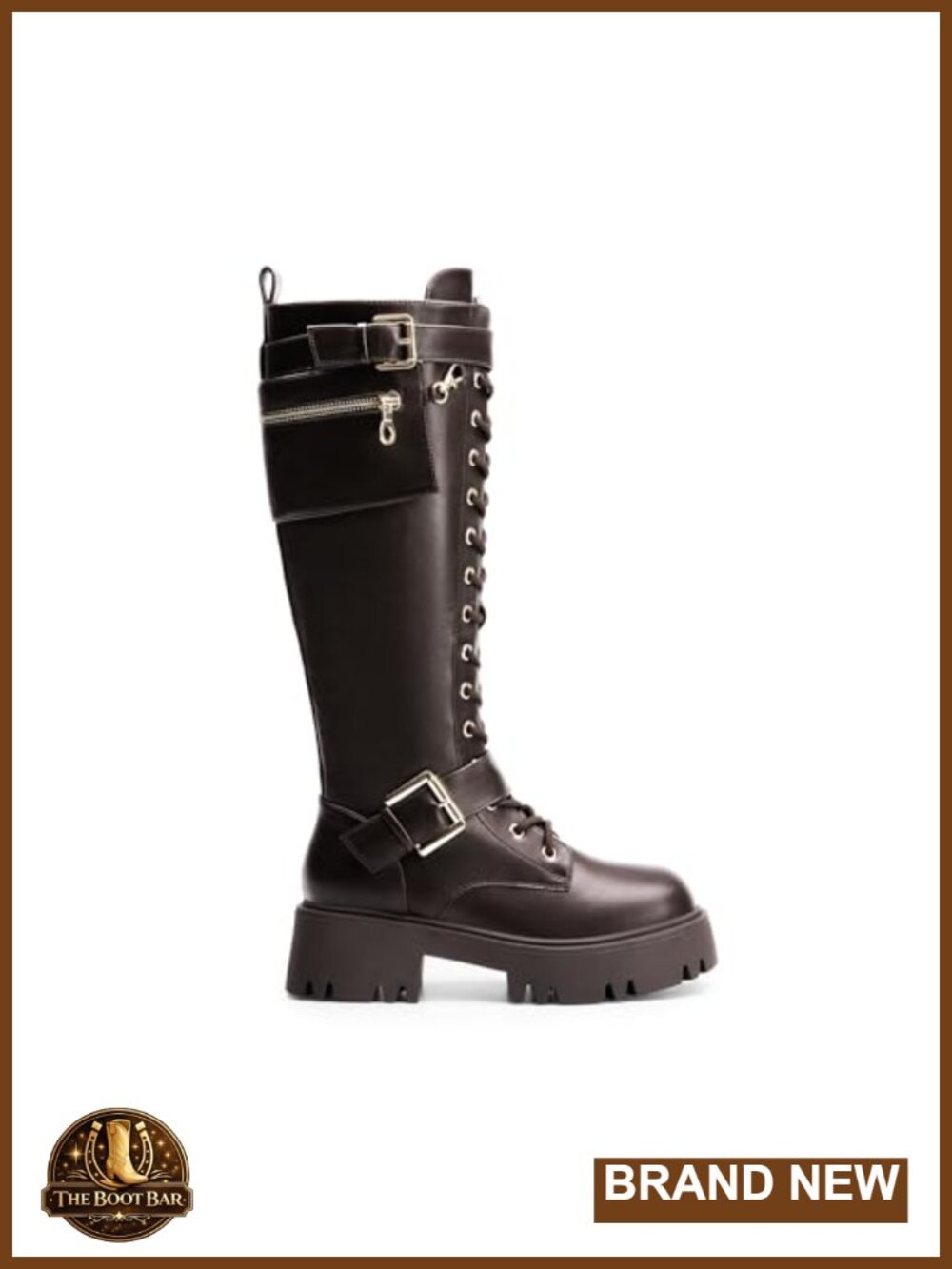 Knee High Platform Combat Boots Faux Leather Lace Up - Picture 3 of 6